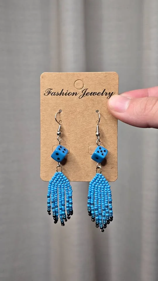 Handmade Blue Dice Beaded Fringe Earrings thumbnail