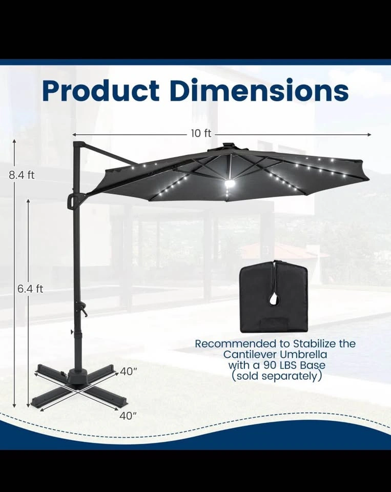 Costway 10 FT Cantilever Patio Umbrella with Solar LED Lights - photo 4