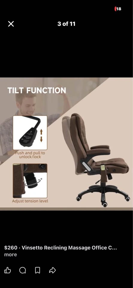 Vinsetto Reclining Massage Office Chair, Brown - photo 3