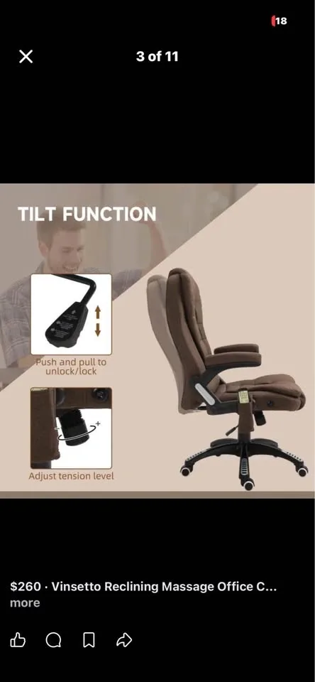 Vinsetto Reclining Massage Office Chair, Brown - photo 3