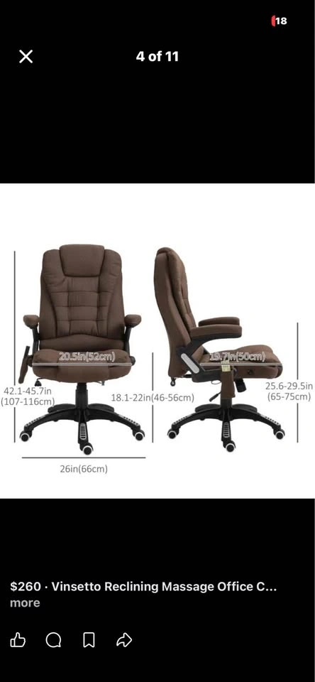 Vinsetto Reclining Massage Office Chair, Brown - photo 4