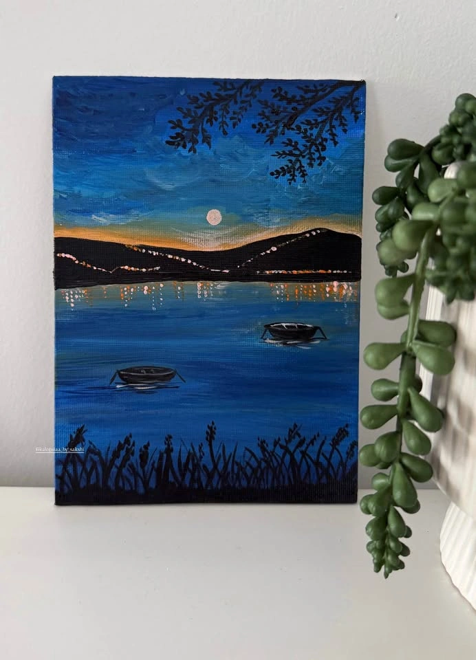 Original Moonlit Lake Acrylic Painting - photo 2