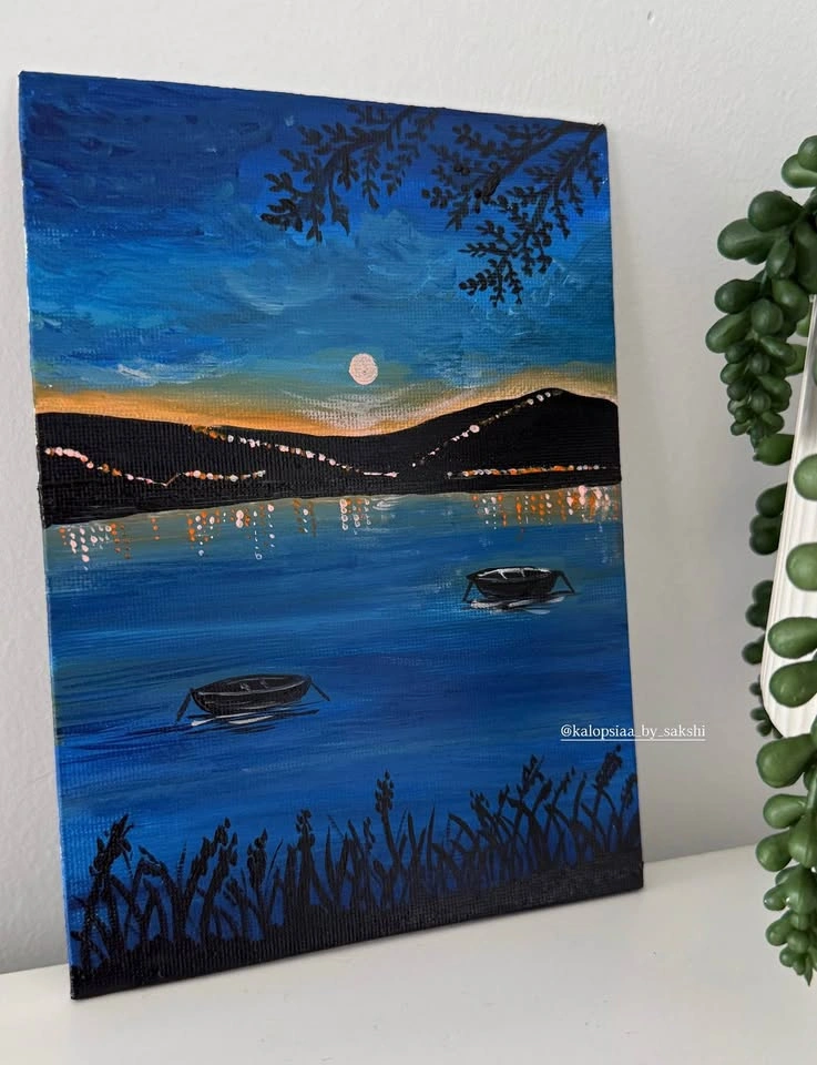 Original Moonlit Lake Acrylic Painting - photo 3