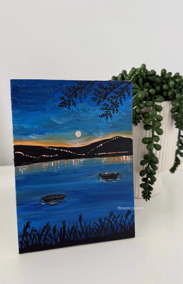 Original Moonlit Lake Acrylic Painting - photo 4