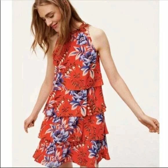 Ann Taylor LOFT Dress Orange & Blue Floral Tiered Ruffle S P ⚽️