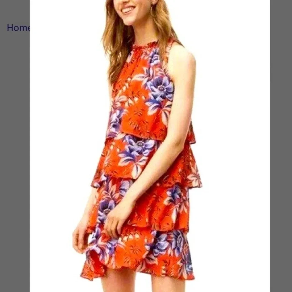 Ann Taylor LOFT Dress Orange & Blue Floral Tiered Ruffle S P ⚽️ - photo 2