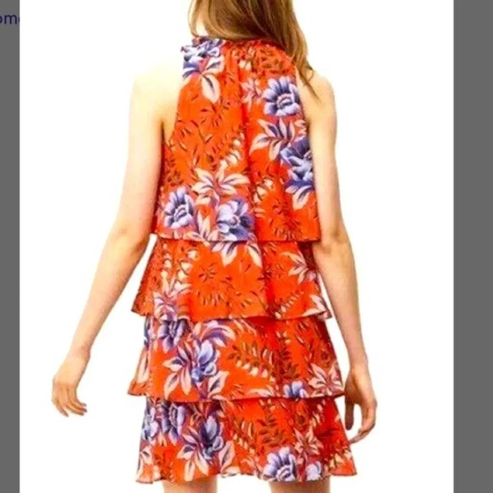 Ann Taylor LOFT Dress Orange & Blue Floral Tiered Ruffle S P ⚽️ - photo 3