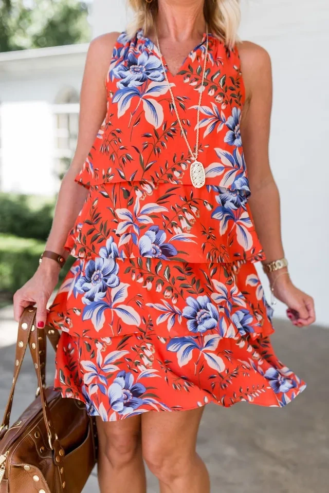 Ann Taylor LOFT Dress Orange & Blue Floral Tiered Ruffle S P ⚽️ - photo 4