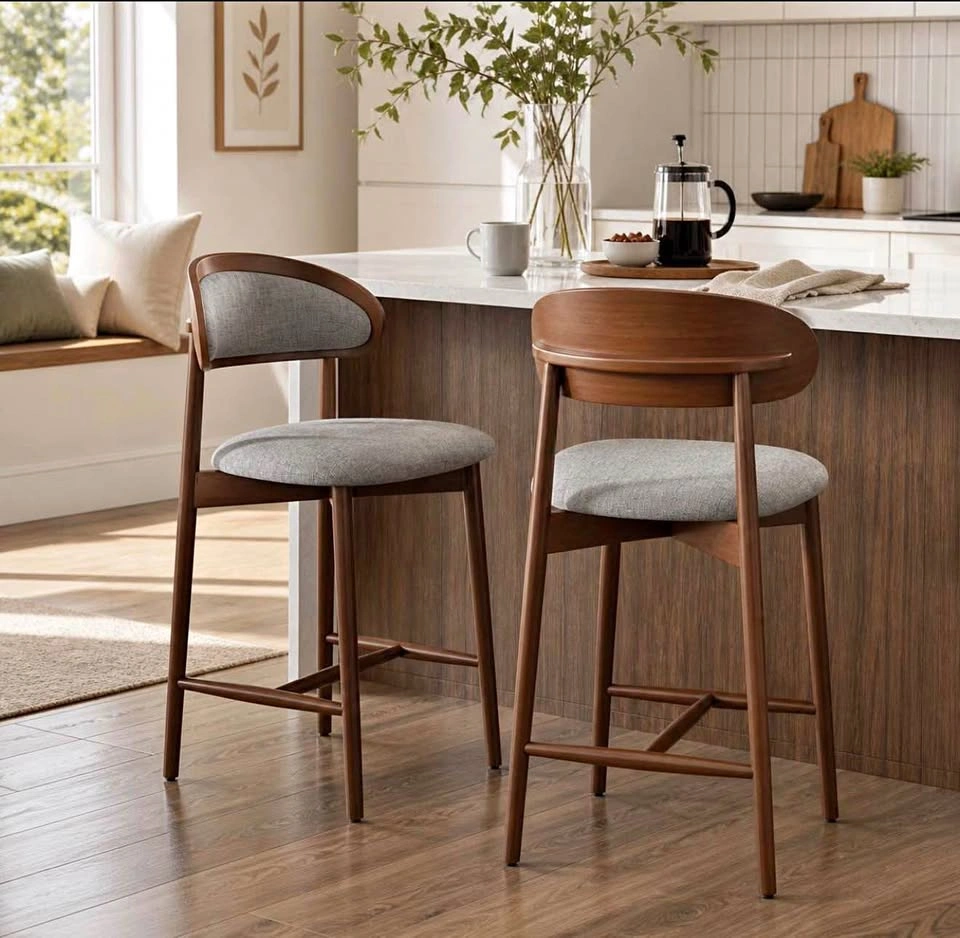 Mid Century Modern Solid Wood Counter Stools—Brand New