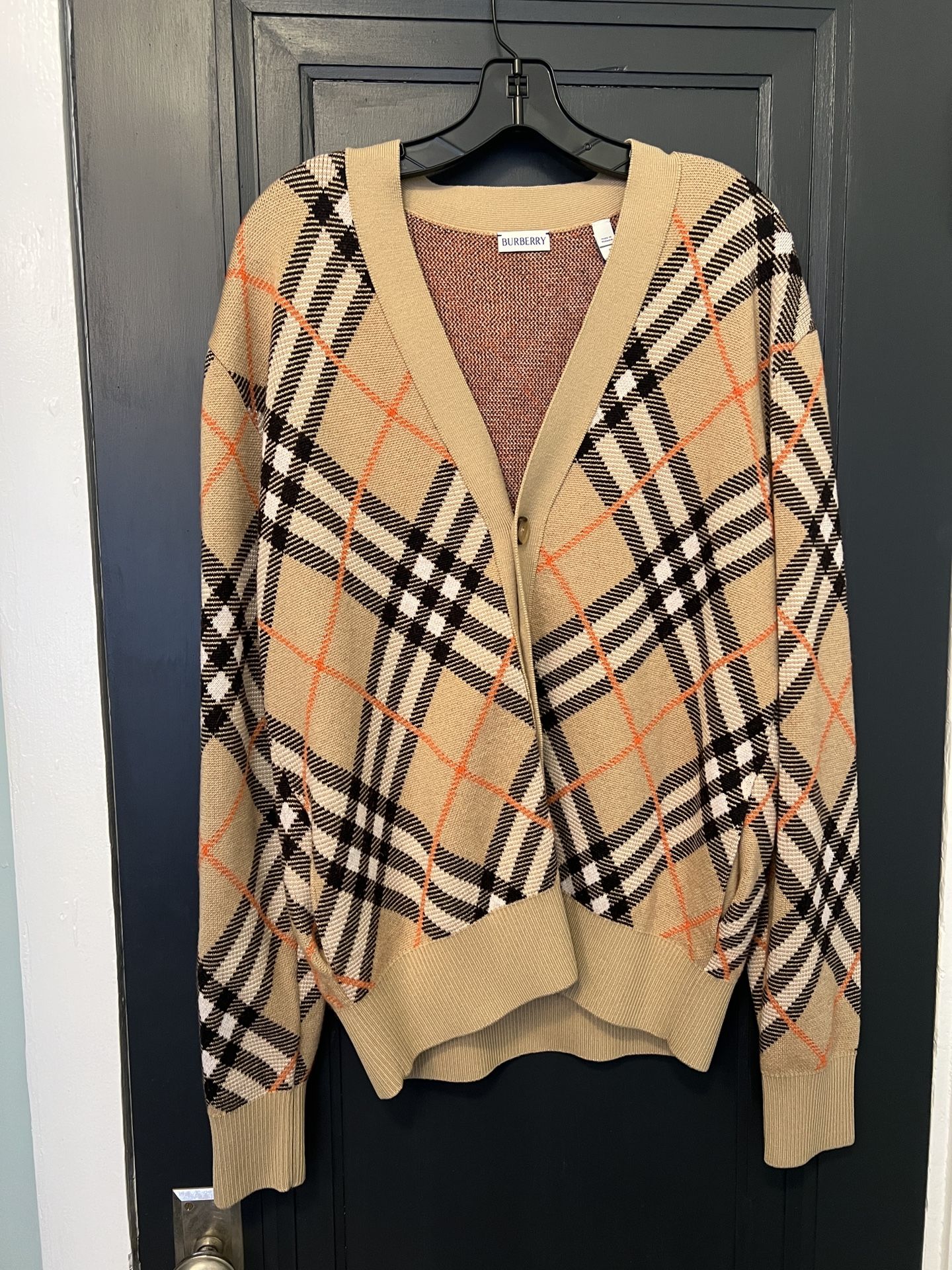 Burberry Plaid Beige V-Neck Cardigan With Orange Accents