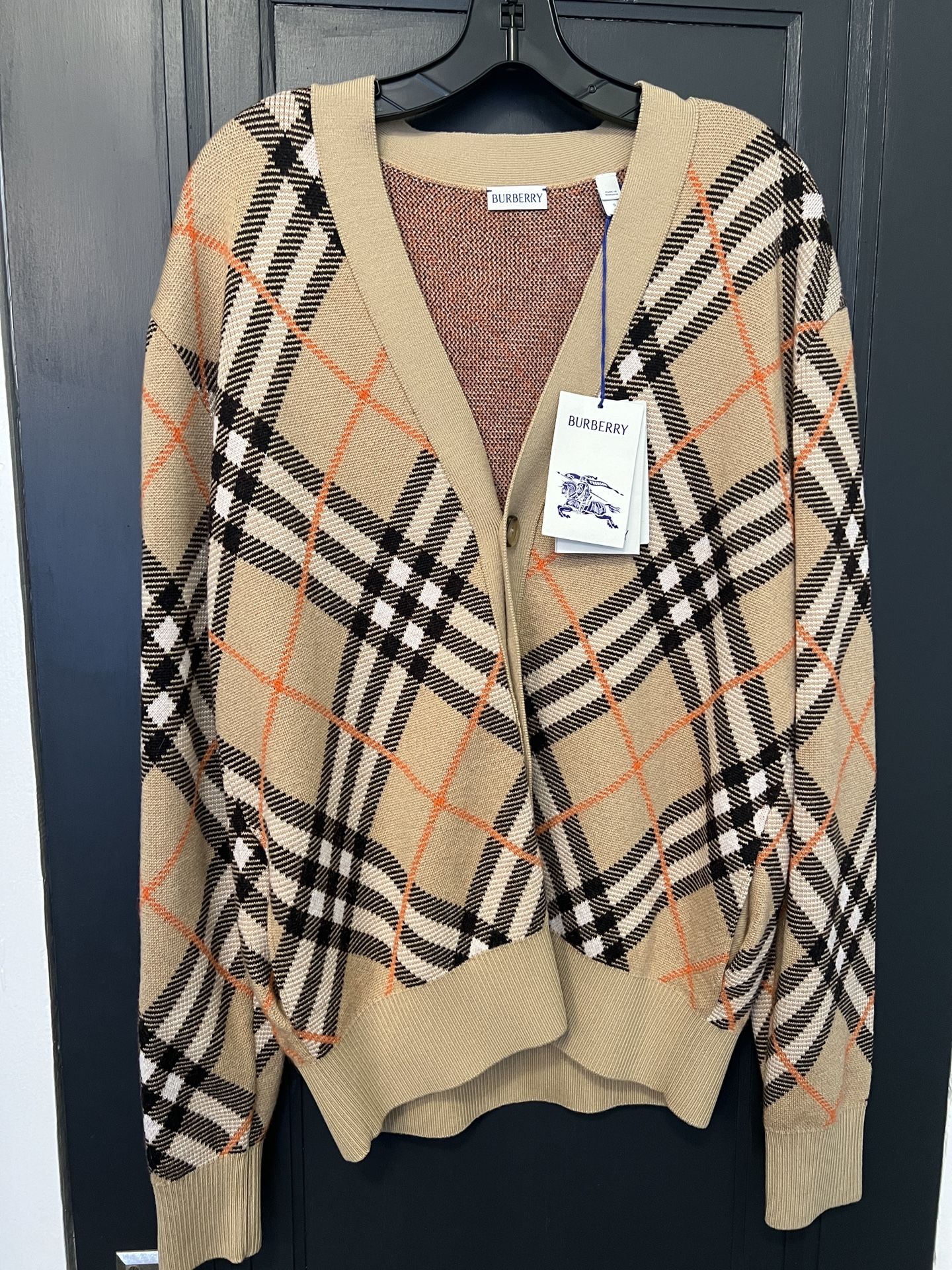Burberry Plaid Beige V-Neck Cardigan With Orange Accents - photo 2