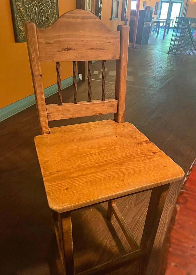 MISSION STYLE BAR/HIGH TOP CHAIRS. 49"H x 19"W x 19.5"D.
