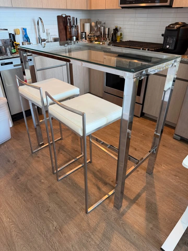 Modern Glass and Chrome Bar Table Set with 2 Stools - photo 4