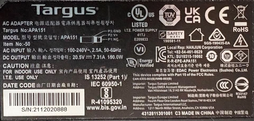 Targus APA151 150W AC Adapter - photo 2