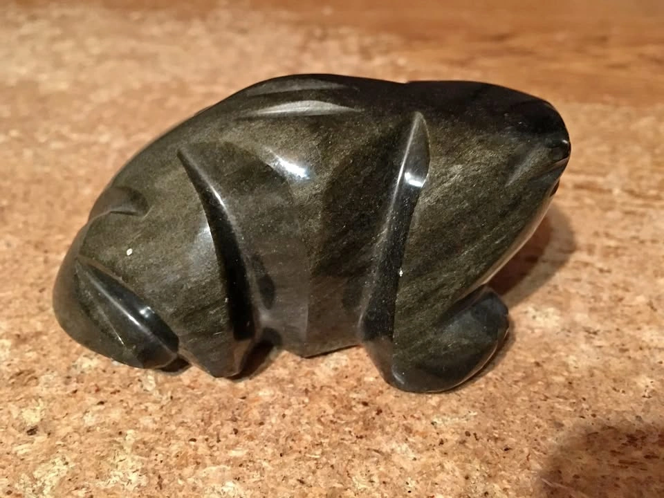 VINTAGE BLACK GOLD OBSIDIAN FROG FIGURINE