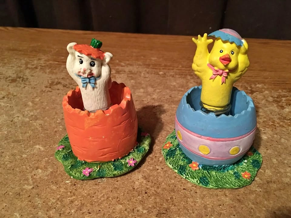 LOT OF 2 EASTER BUNNY IN CARROT CHICK IN A EGG CERAMIC FIGURE
