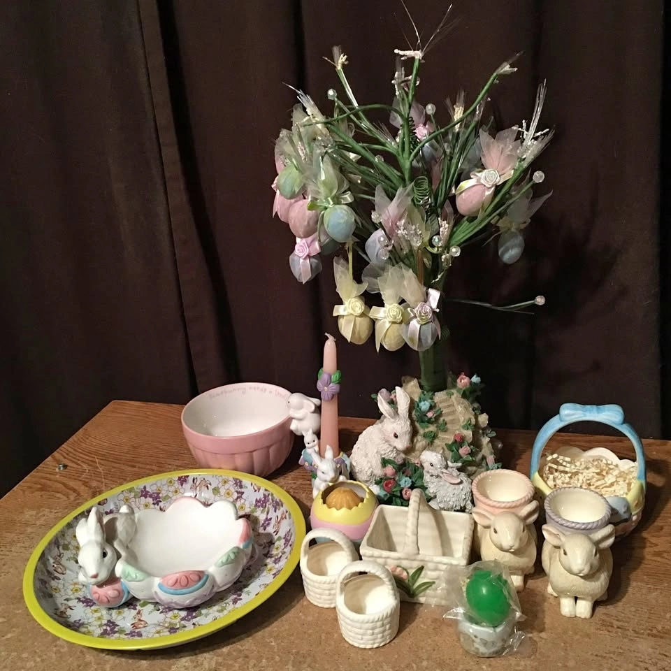 Easter Decor Lot: Candle Holders, Rabbit Bowls, and Baskets