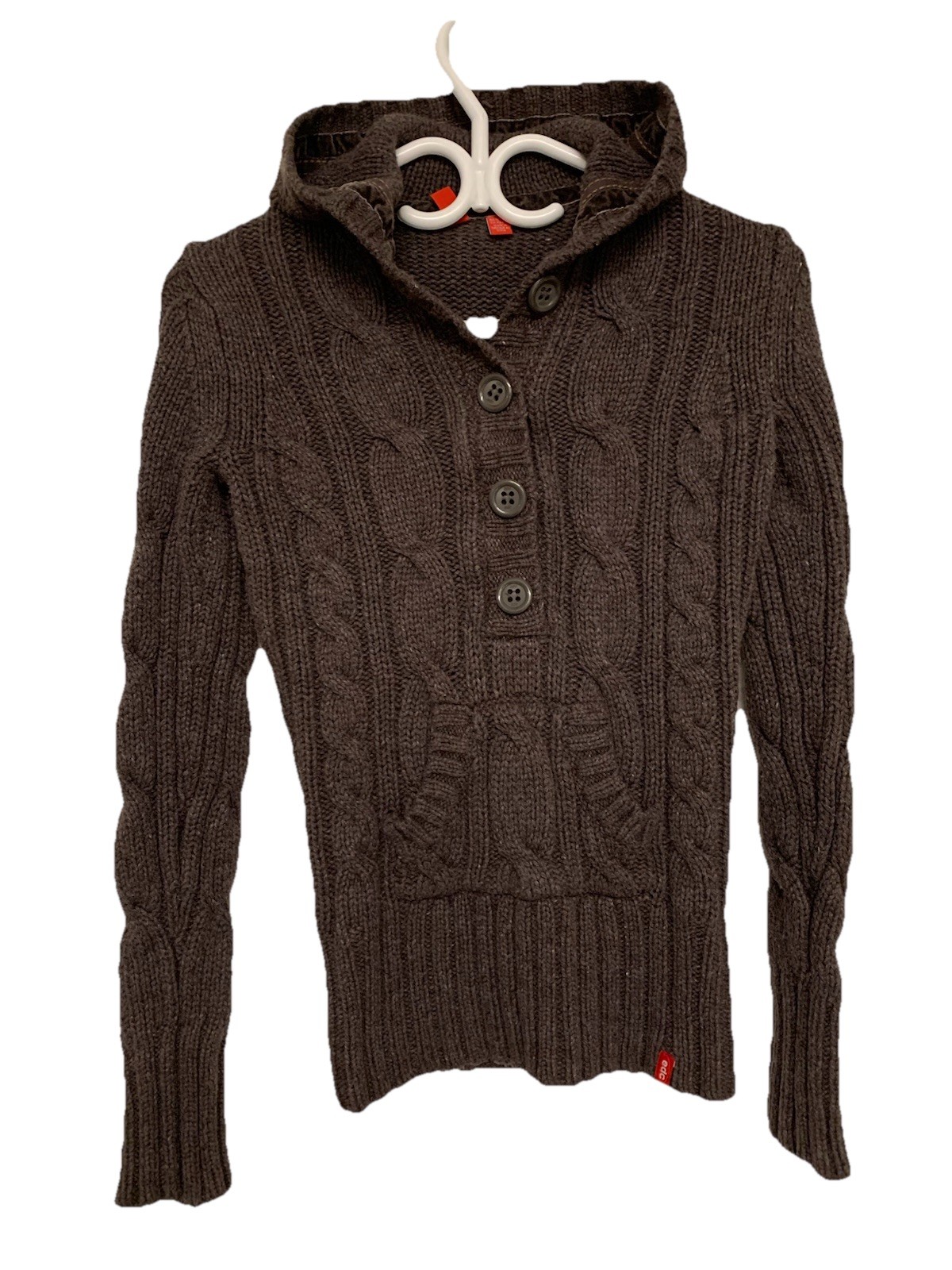 ⚽️ Y2K edc Esprit Brown Cable Knit Sweater With Hood Buttons