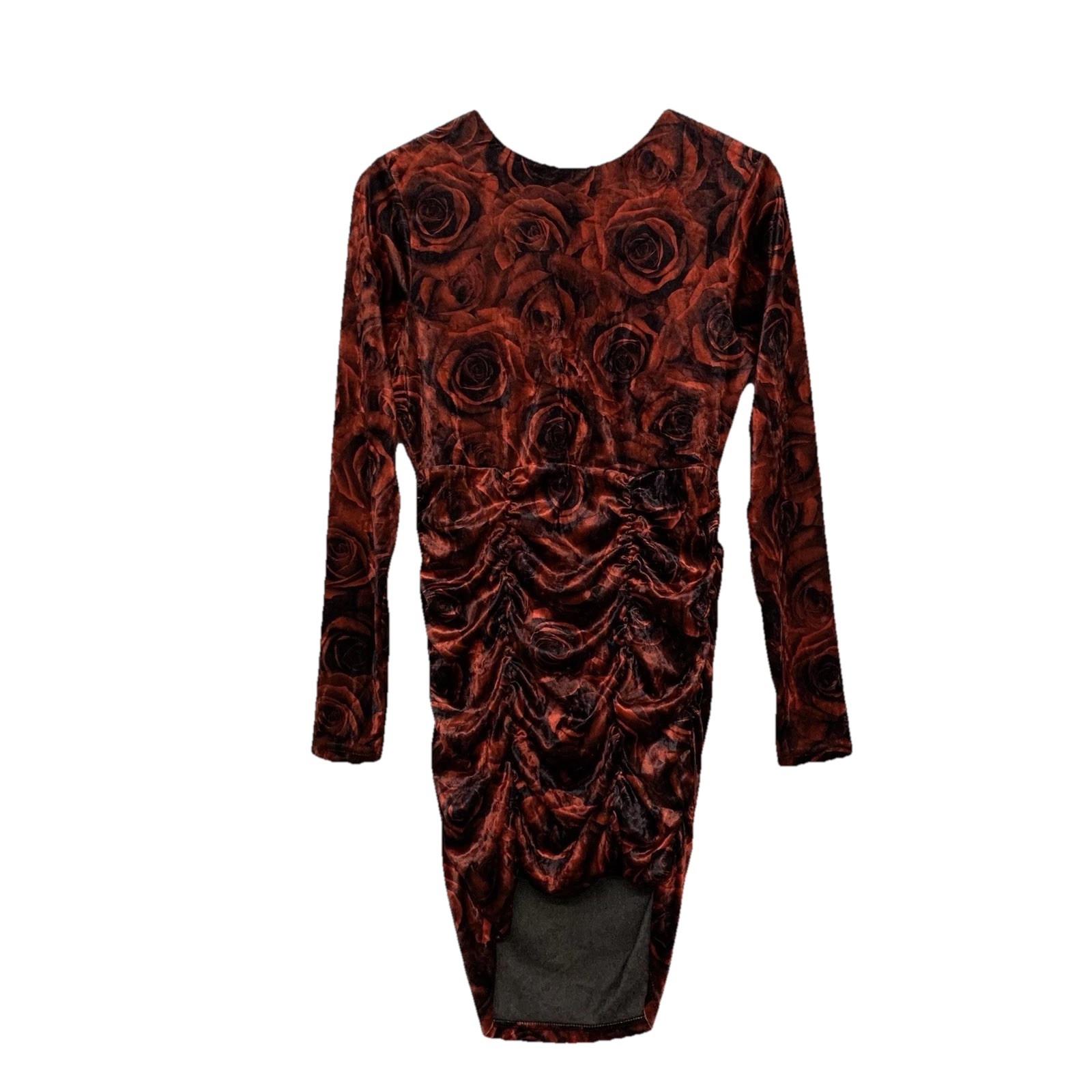 ⚽️ Red Rose Velvet Mini Dress M AOP Bodycon Ruched Open Back