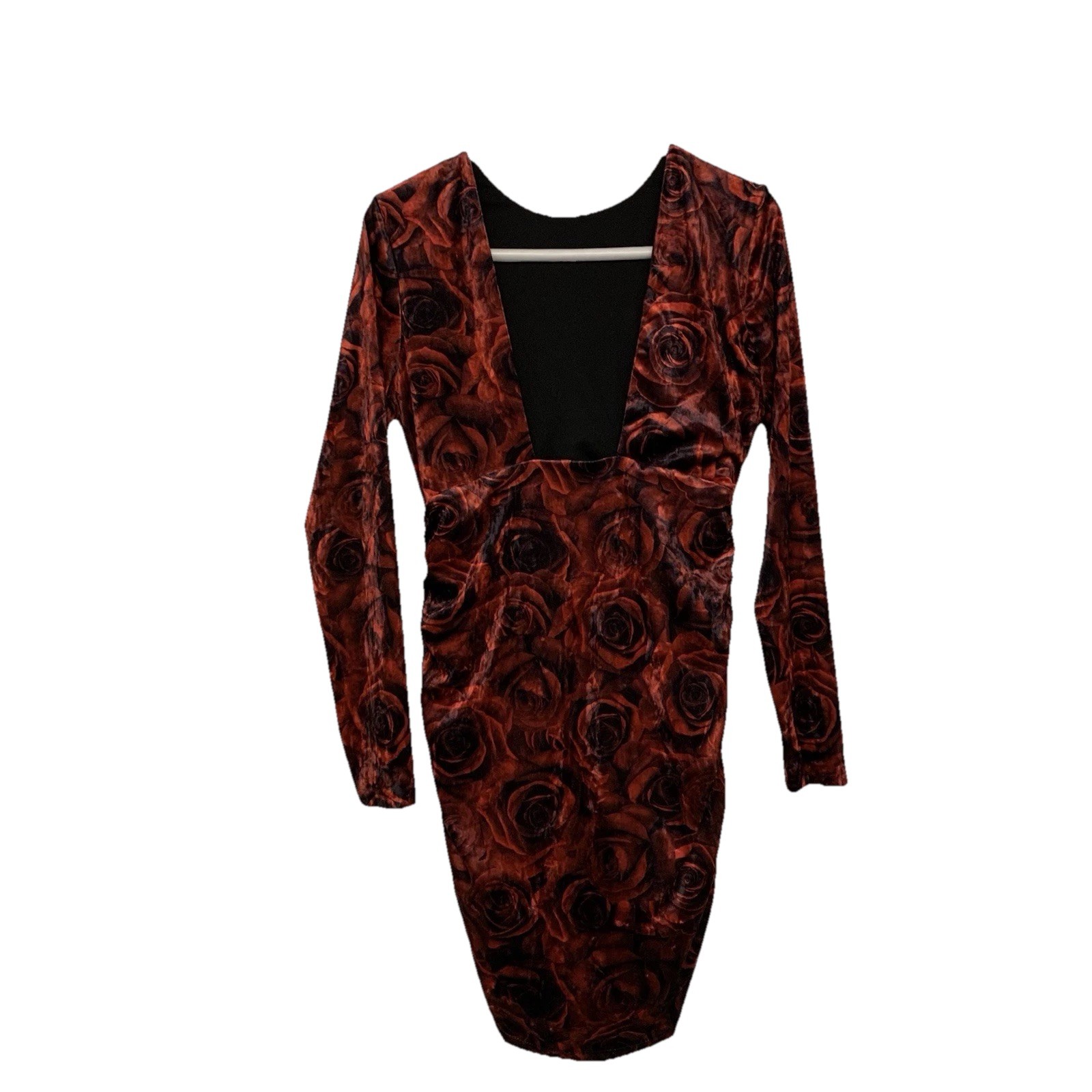 ⚽️ Red Rose Velvet Mini Dress M AOP Bodycon Ruched Open Back - photo 2