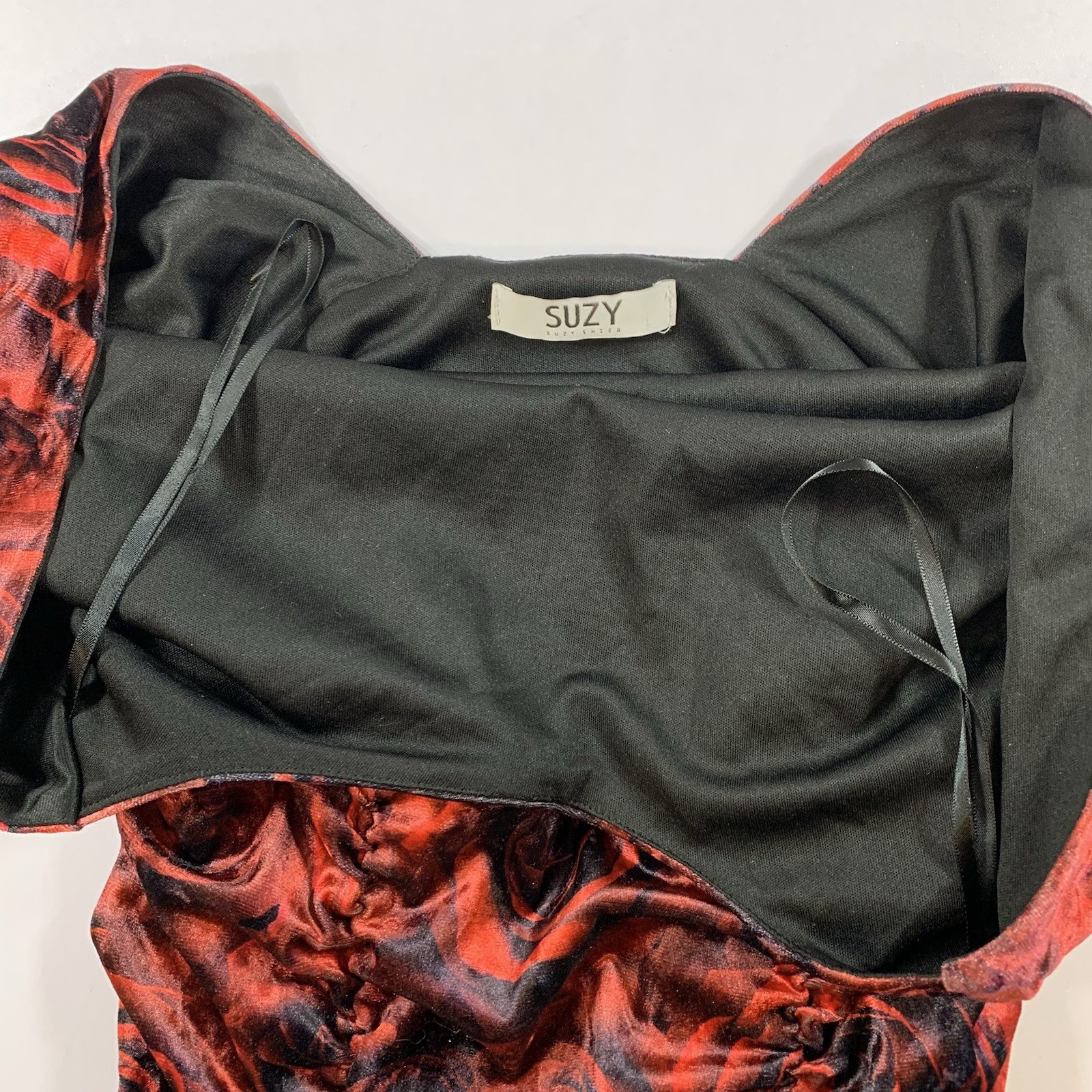 ⚽️ Red Rose Velvet Mini Dress M AOP Bodycon Ruched Open Back - photo 3