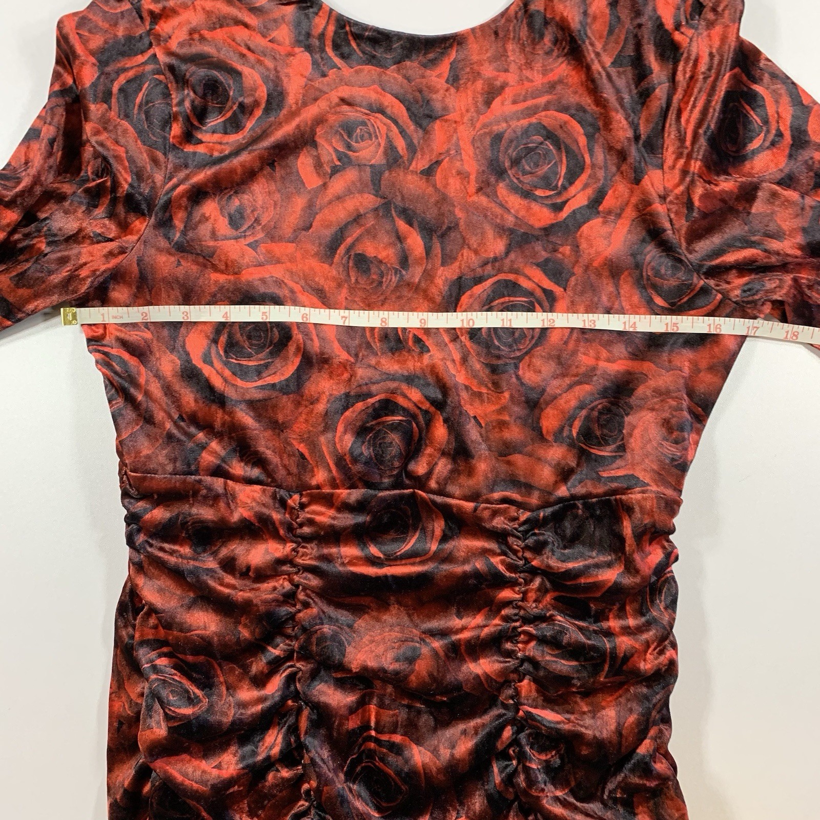 ⚽️ Red Rose Velvet Mini Dress M AOP Bodycon Ruched Open Back - photo 4