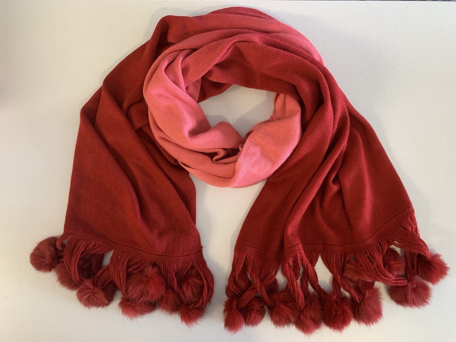 ⚽️ Pink Red Ombre Statement Scarf Rabbit Fur Pom Poms Y2K Glam