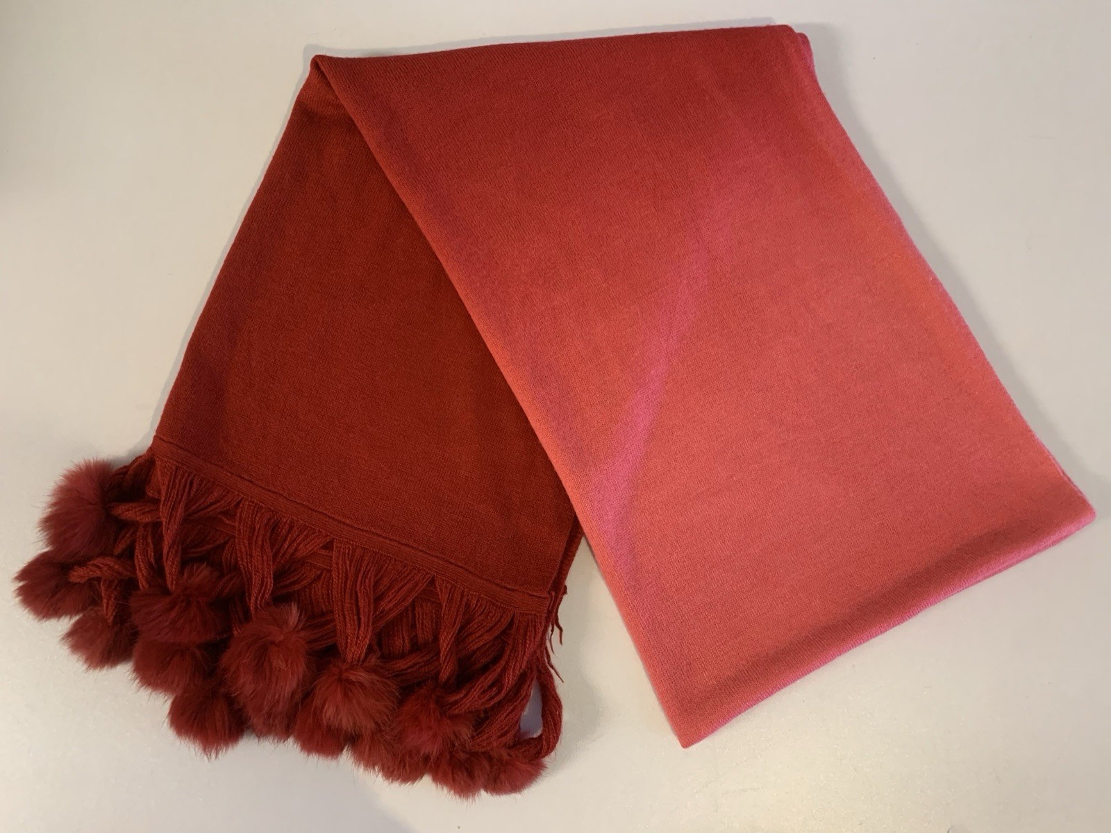 ⚽️ Pink Red Ombre Statement Scarf Rabbit Fur Pom Poms Y2K Glam - photo 3