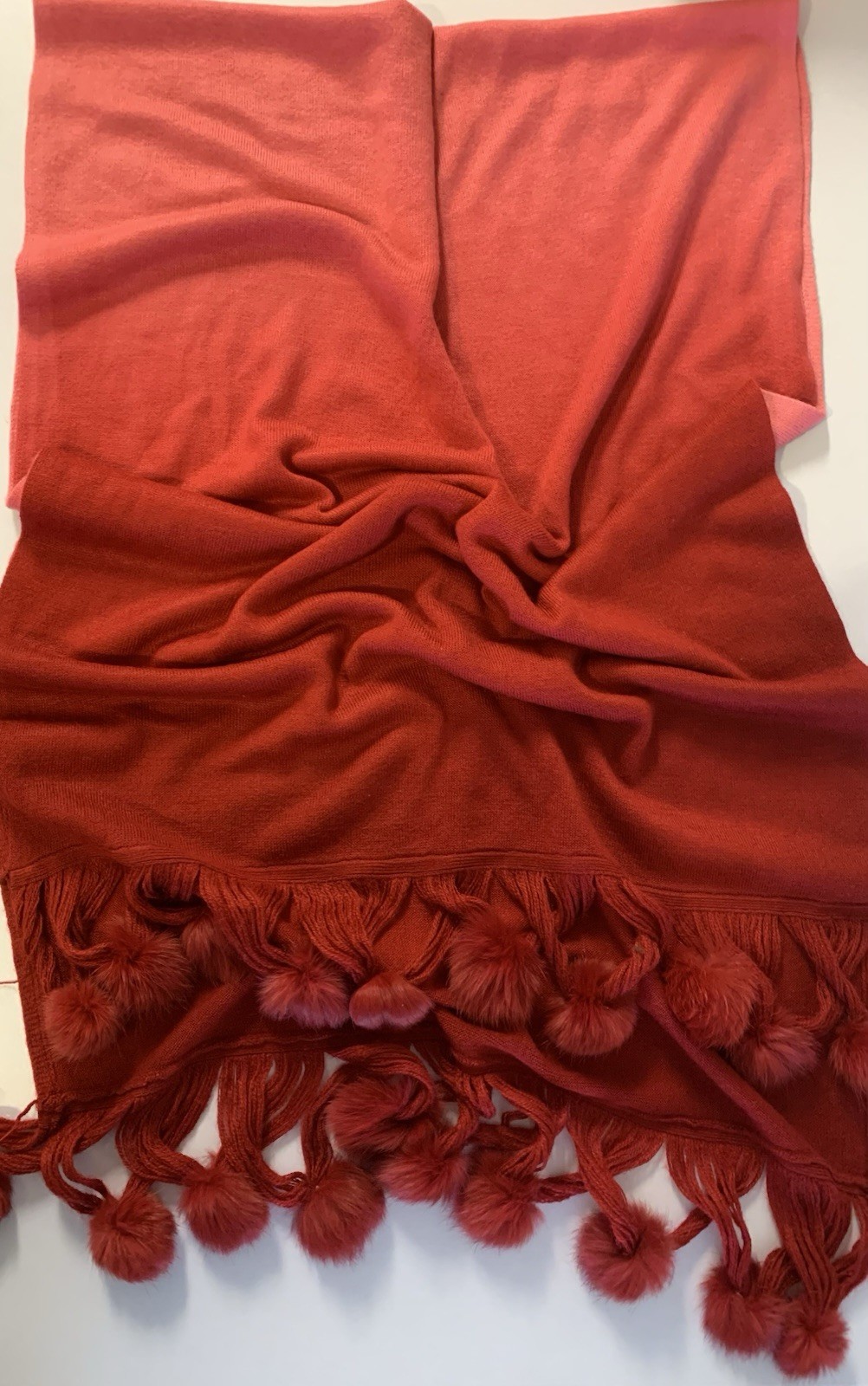 ⚽️ Pink Red Ombre Statement Scarf Rabbit Fur Pom Poms Y2K Glam - photo 4