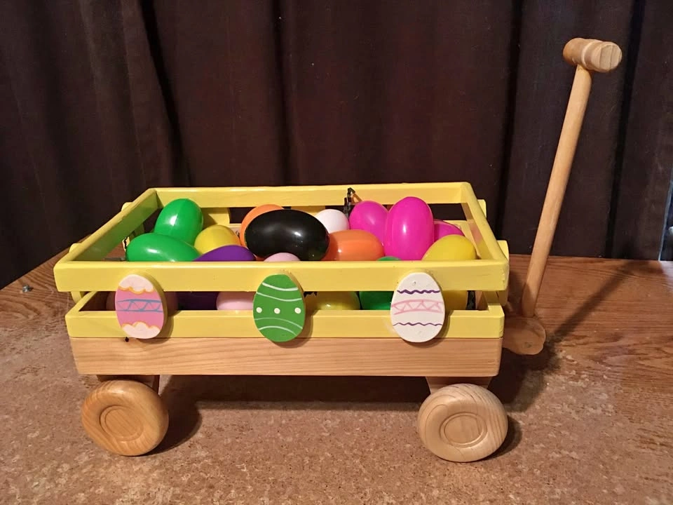 DECORATIVE WOOD TOY WAGON EASTER DECOR WITH PLASTIC EGGS