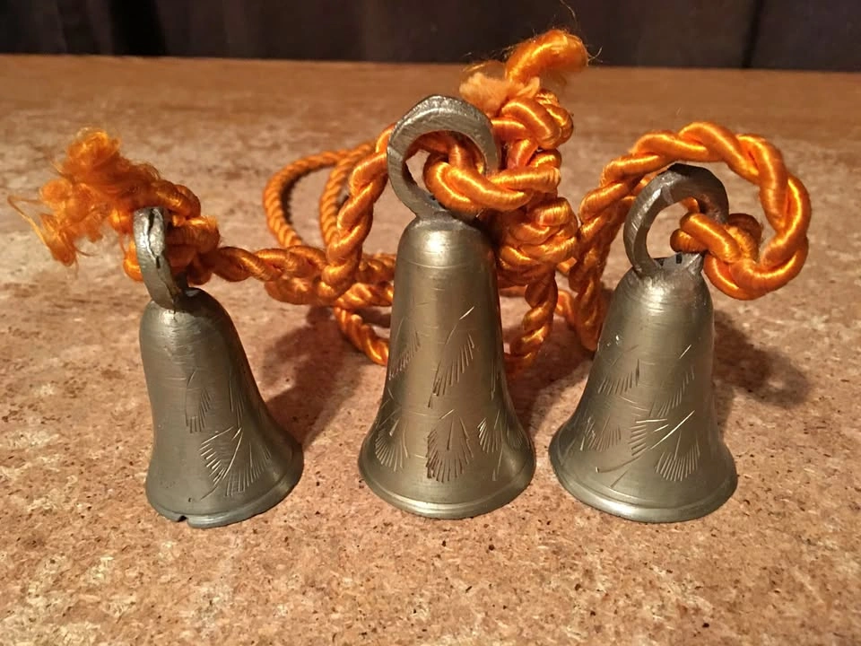 BELLS OF SARNA ETCHED BRASS BELLS SET OF 3 ON ROPE