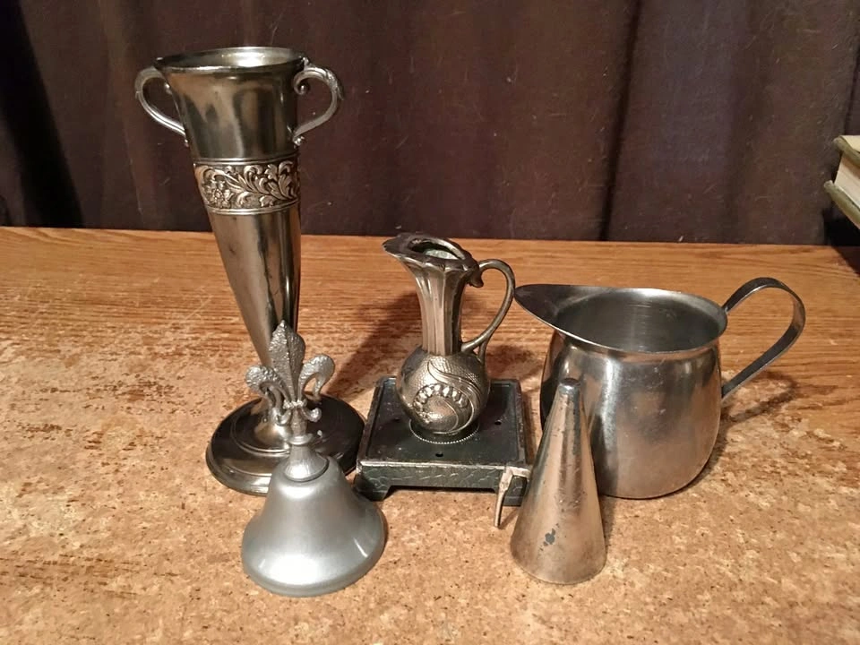 LOT OF 6 VINTAGE SILVER TONE VASE BELL MINI PITCHER CANDLE SNUFF