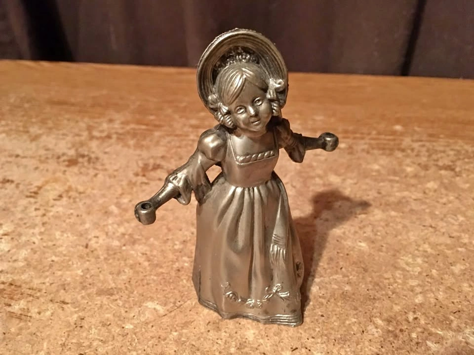 VINTAGE 1800’S PEWTER CANDLE SNUFFER VICTORIAN GIRL IN BONNET 4"