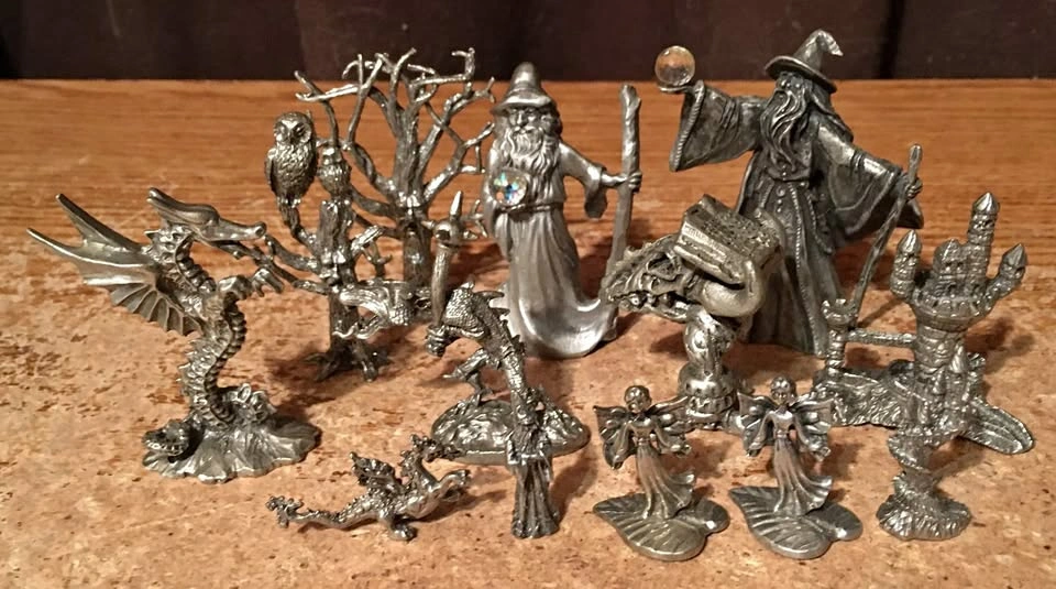 LOT OF 12 PEWTER FANTASY FIGURINES WIZARDS DRAGONS CASTLES