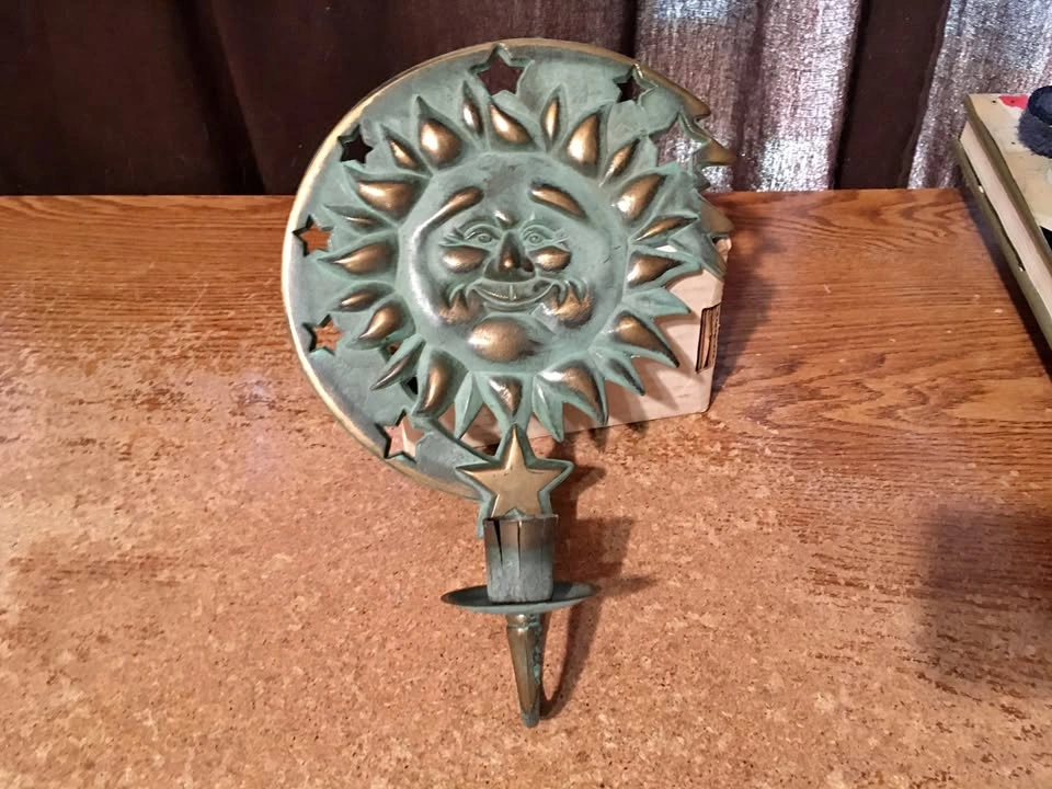 VINTAGE 1994 PARTYLITE BRASS CELESTIAL SUN AND STAR CANDLE HOLDE