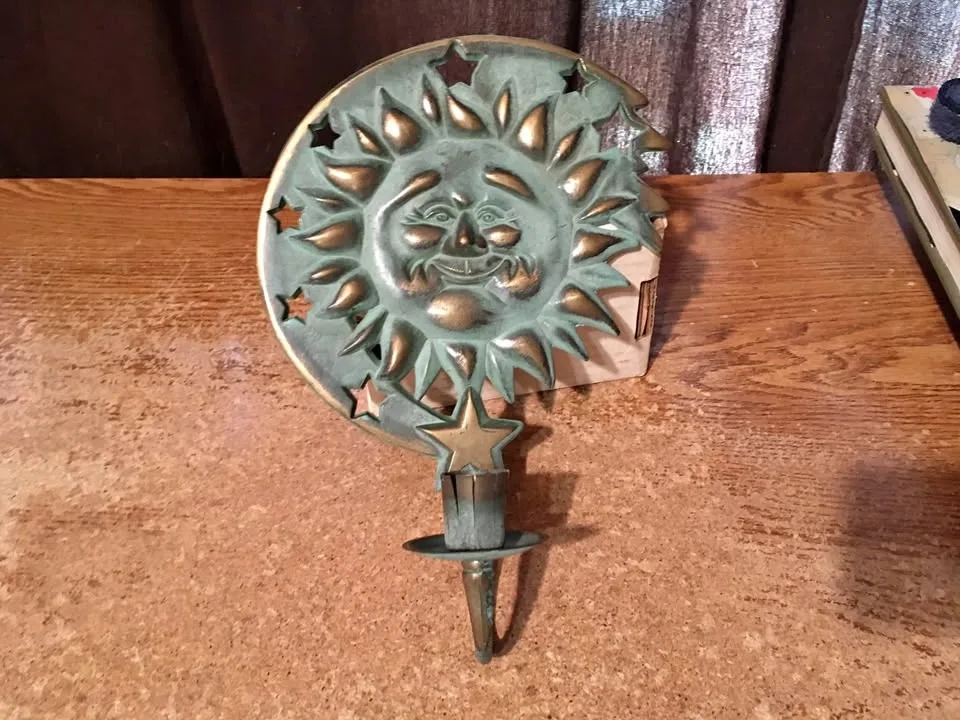 VINTAGE 1994 PARTYLITE BRASS CELESTIAL SUN AND STAR CANDLE HOLDE