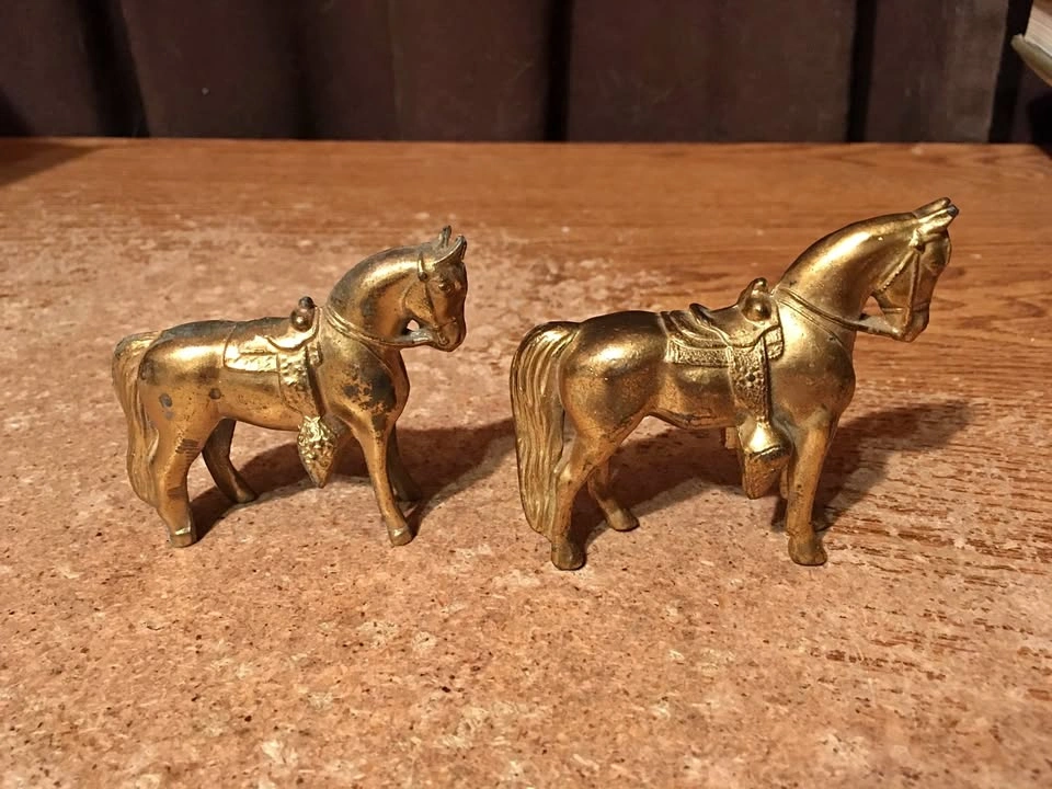 LOT OF TWO BRASS AND METAL HORSES GOLD TONE