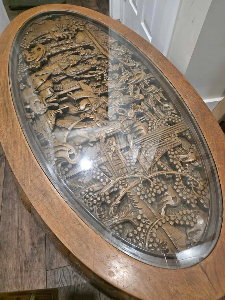 Vintage Carved Wood Chinese Coffee Table with Glass Top