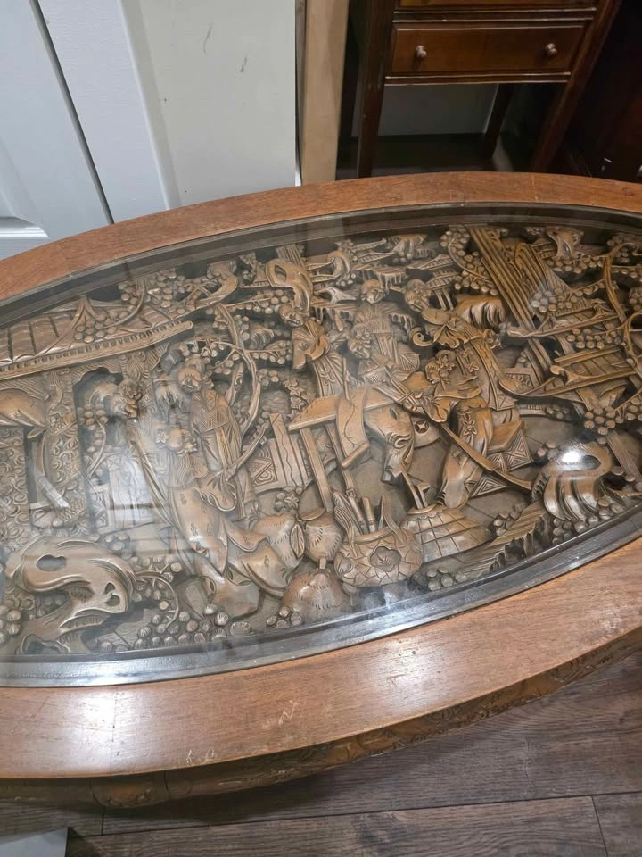 Vintage Carved Wood Chinese Coffee Table with Glass Top - photo 2