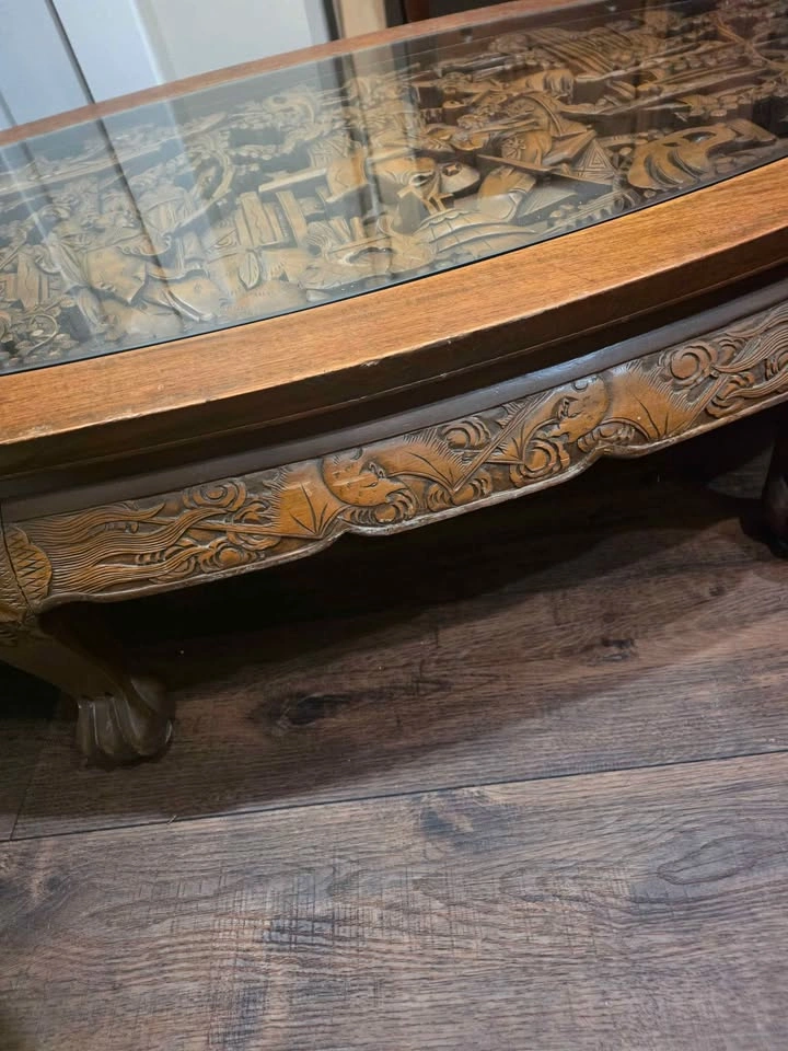 Vintage Carved Wood Chinese Coffee Table with Glass Top - photo 3