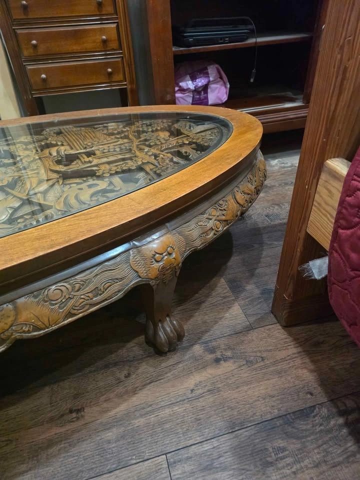 Vintage Carved Wood Chinese Coffee Table with Glass Top - photo 4