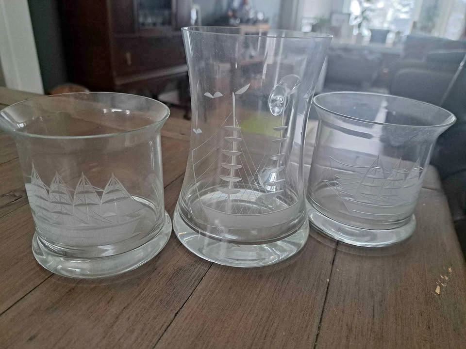 Set of 3 glasses beautiful sailboat sketched into glass