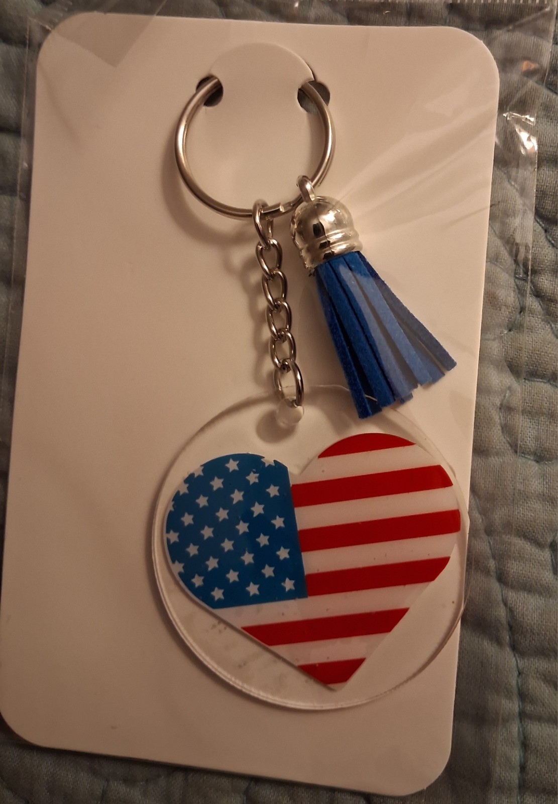 USA Flag Heart Acrylic Keychain w/ Blue Tassel Detachable Keyrin