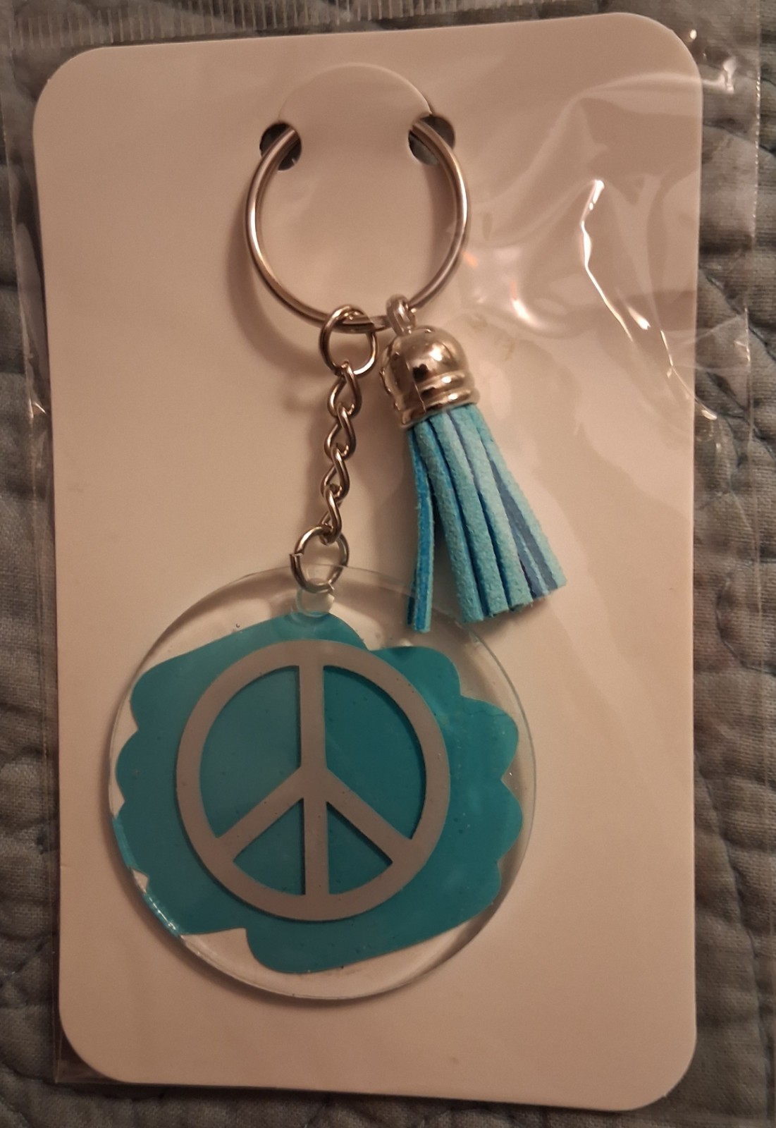 Blue Peace Sign Plastic Keychain w/ Tassel Charm Detachable Keyr