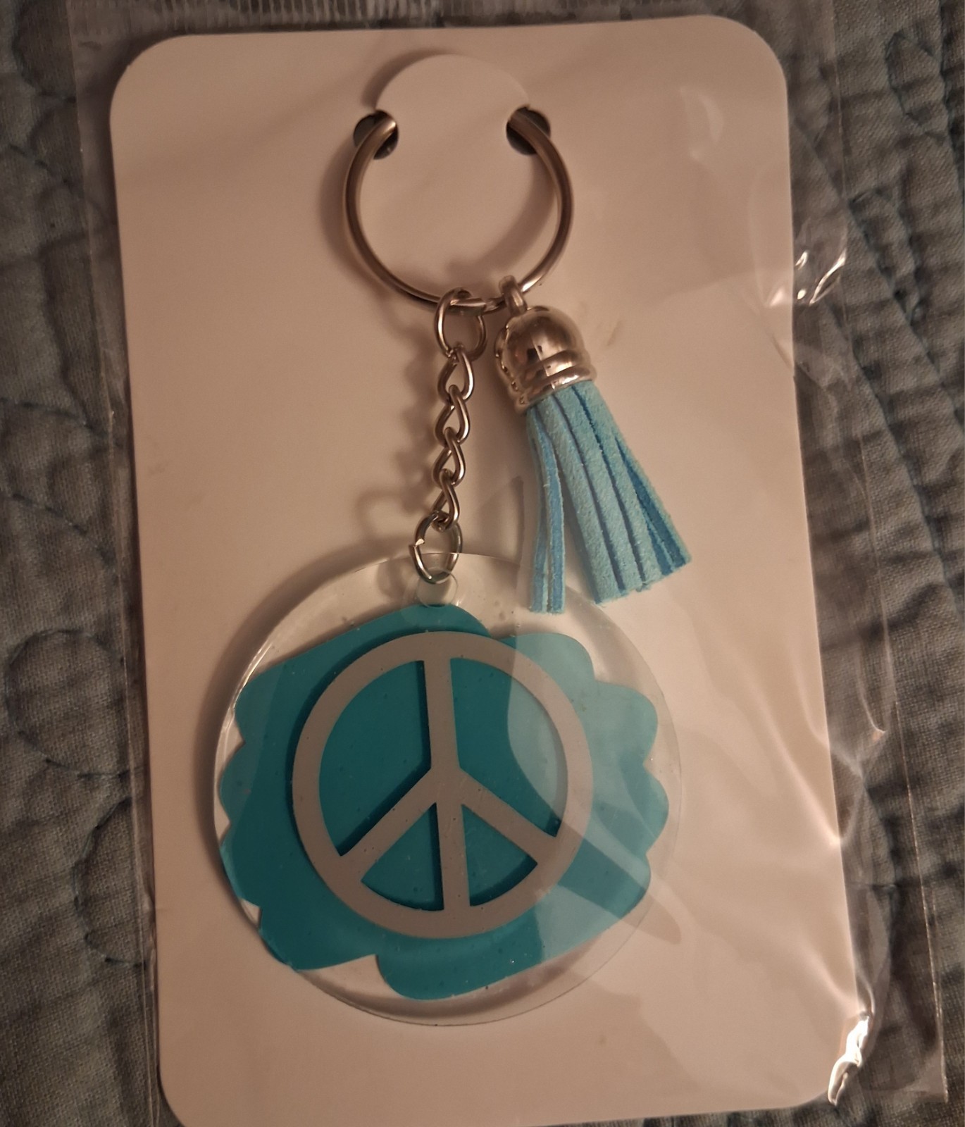 Blue Peace Sign Plastic Keychain w/ Tassel Charm Detachable Keyr - photo 2