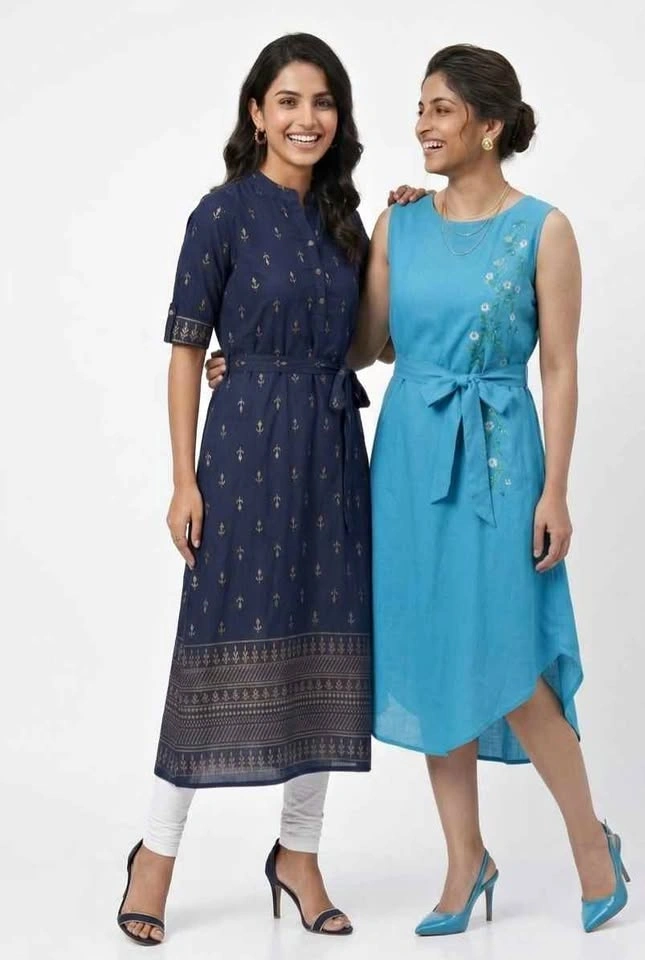 Imported Gold Print Long Top + Embroidered Dress with Pockets