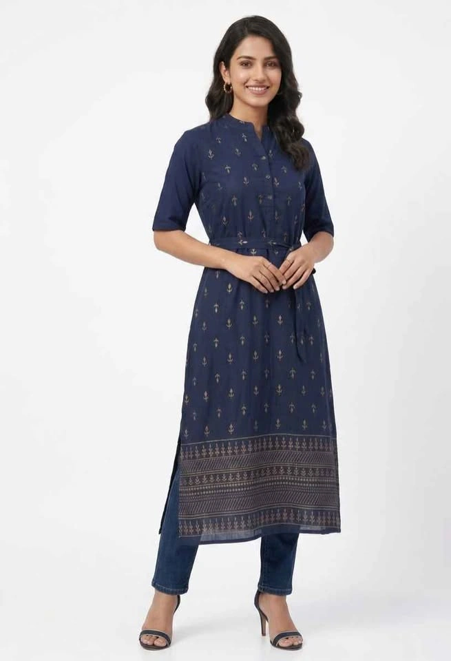 Imported Gold Print Long Top + Embroidered Dress with Pockets - photo 2