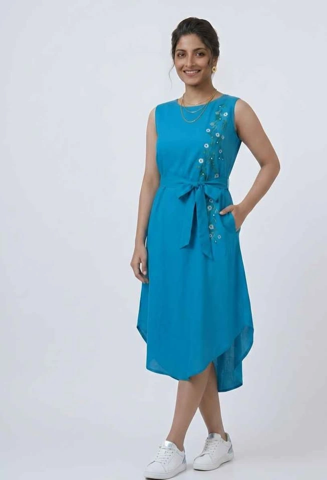 Imported Gold Print Long Top + Embroidered Dress with Pockets - photo 3