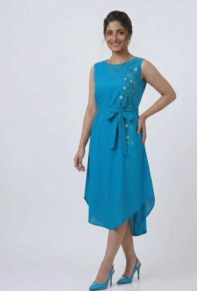 Imported Gold Print Long Top + Embroidered Dress with Pockets - photo 4