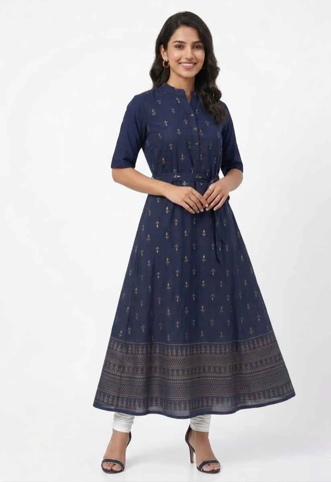 Imported Gold Print Long Top + Embroidered Dress with Pockets - photo 5